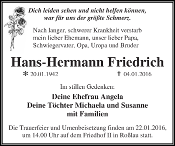 Traueranzeige von Hans-Hermann Friedrich von WVG - Wochenspiegel Dessau / Köthen