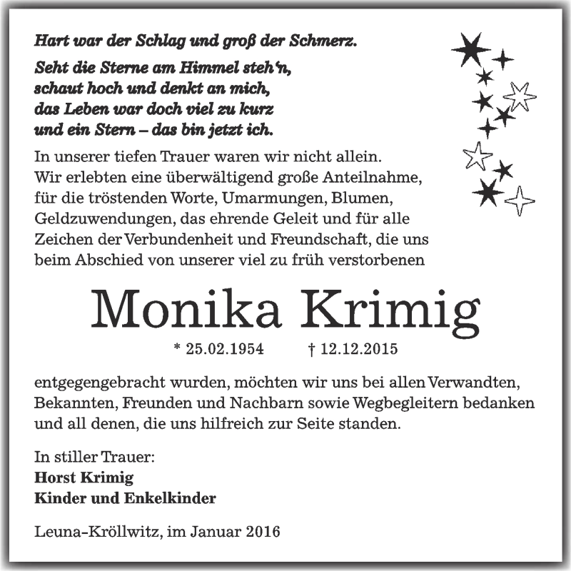  Traueranzeige für Monika Krimig vom 16.01.2016 aus Super Sonntag Merseburg