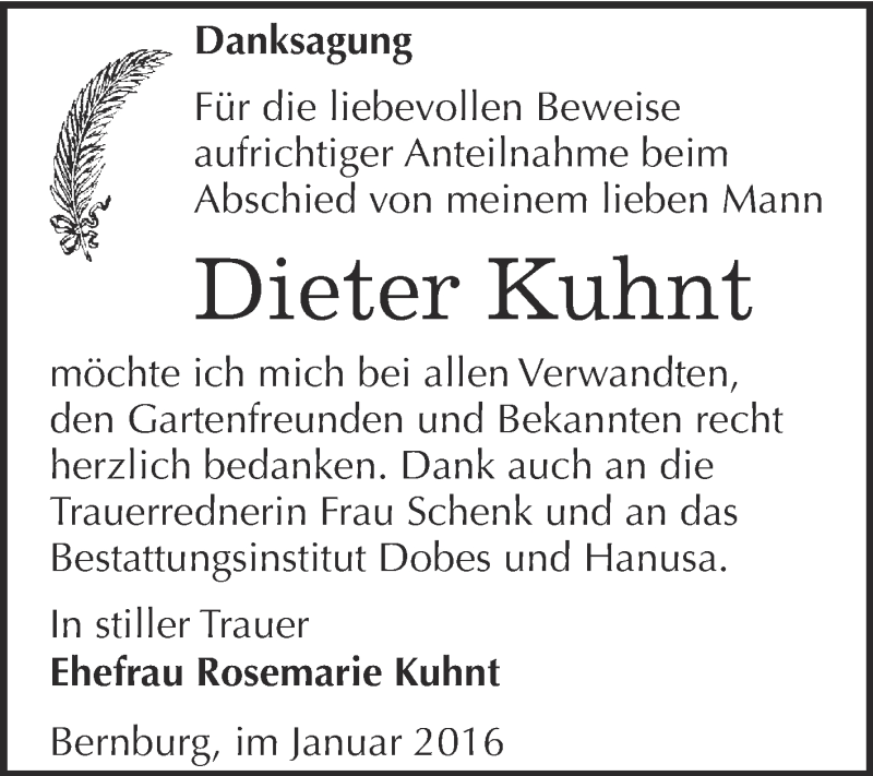  Traueranzeige für Dieter Kuhnt vom 16.01.2016 aus Super Sonntag Bernburg