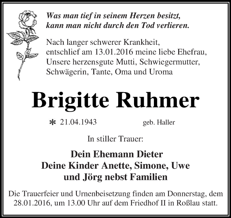  Traueranzeige für Brigitte Ruhmer vom 16.01.2016 aus WVG - Wochenspiegel Dessau / Köthen