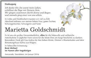 Traueranzeige von Marietta Goldschmidt von Mitteldeutsche Zeitung Mansfelder Land