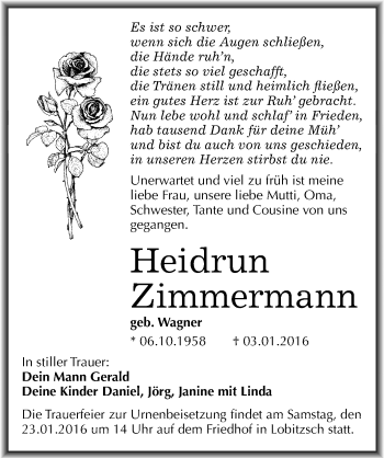 Traueranzeige von Heidrun Zimmermann von Mitteldeutsche Zeitung Weißenfels