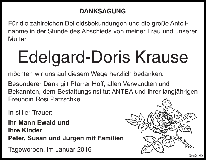  Traueranzeige für Edelgard-Doris Krause vom 13.01.2016 aus WVG - Wochenspiegel NMB / WSF / ZTZ