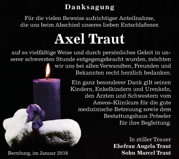 Traueranzeige von Axel Traut von Super Sonntag Bernburg