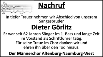 Traueranzeige von Dieter Görlitz von WVG - Wochenspiegel NMB / WSF / ZTZ