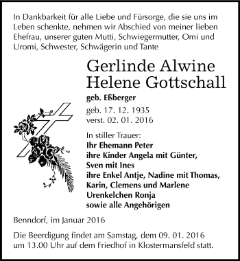 Traueranzeige von Gerlinde Alwine Helene Gottschall von Mitteldeutsche Zeitung Mansfelder Land