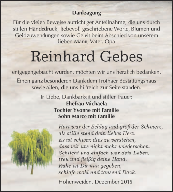 Traueranzeige von Reinhard Gebes von Super Sonntag Merseburg