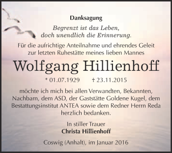 Traueranzeige von Wolfgang Hillienhoff von Super Sonntag Wittenberg