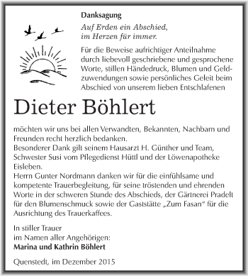 Traueranzeige von Dieter Böhlert von Super Sonntag SGH Mansf. Land
