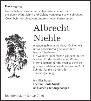 Traueranzeige von Albrecht Niehle von WVG - Wochenspiegel NMB / WSF / ZTZ