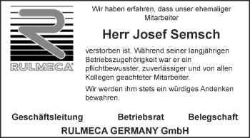 Traueranzeige von Josef Semsch von Super Sonntag Aschersleben