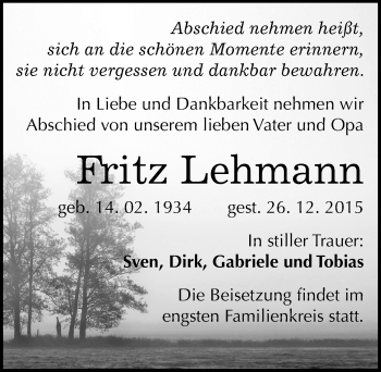 Traueranzeige von Fritz Lehmann von Mitteldeutsche Zeitung Weißenfels
