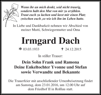 Traueranzeige von Irmgard Dach von WVG - Wochenspiegel Dessau / Köthen