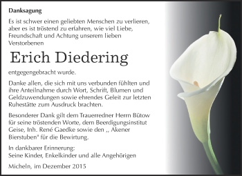 Traueranzeige von Erich Diedering von WVG - Wochenspiegel Dessau / Köthen