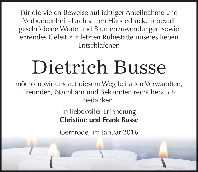  Traueranzeige für Dietrich Busse vom 09.01.2016 aus Mitteldeutsche Zeitung Quedlinburg
