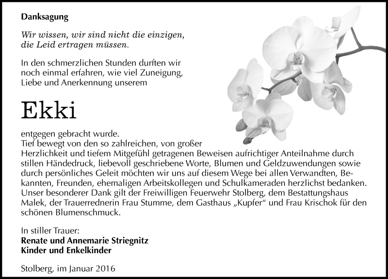  Traueranzeige für Ekki  vom 16.01.2016 aus Mitteldeutsche Zeitung Sangerhausen