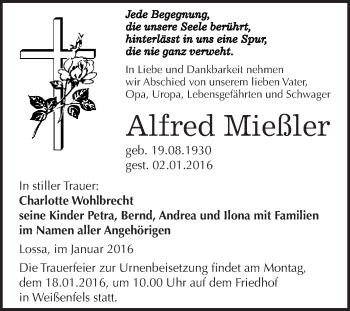 Traueranzeige von Alfred Mießler von WVG - Wochenspiegel NMB / WSF / ZTZ