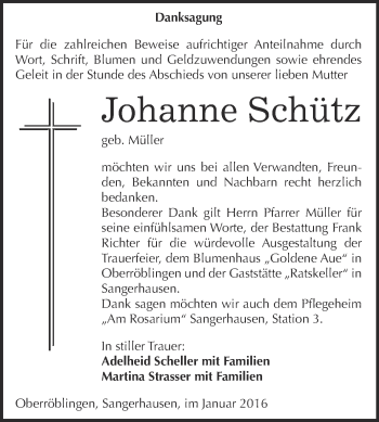 Traueranzeige von Johanne Schütz von Super Sonntag SGH Mansf. Land