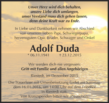 Traueranzeige von Adolf Duda von Super Sonntag SGH Mansf. Land