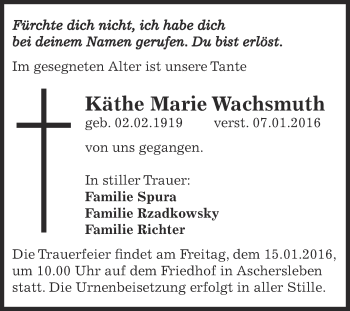Traueranzeige von Käthe Marie Wachsmuth von Super Sonntag Aschersleben