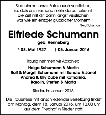 Traueranzeige von Elfriede Schumann von Mitteldeutsche Zeitung Quedlinburg