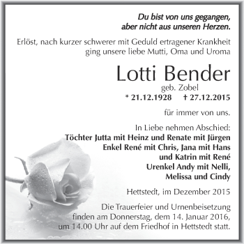 Traueranzeige von Lotti Bender von Wochenspiegel Mansfelder Land