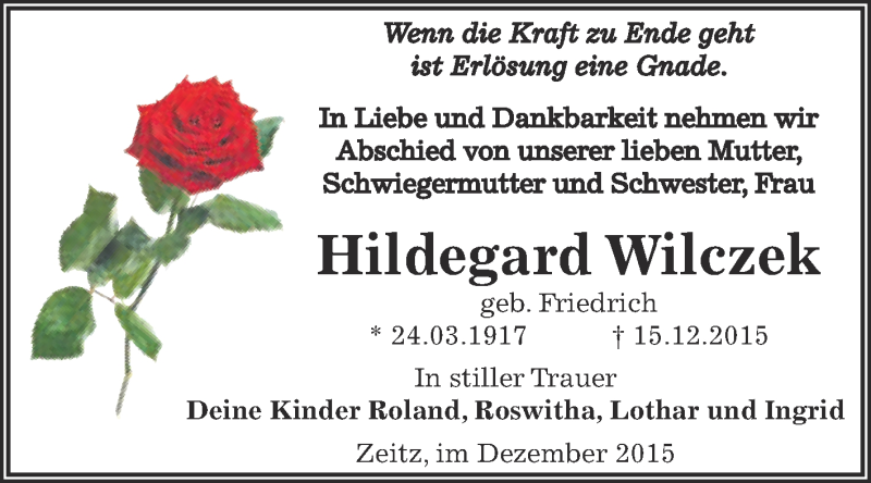  Traueranzeige für Hildegard Wilczek vom 09.01.2016 aus Super Sonntag Zeitz