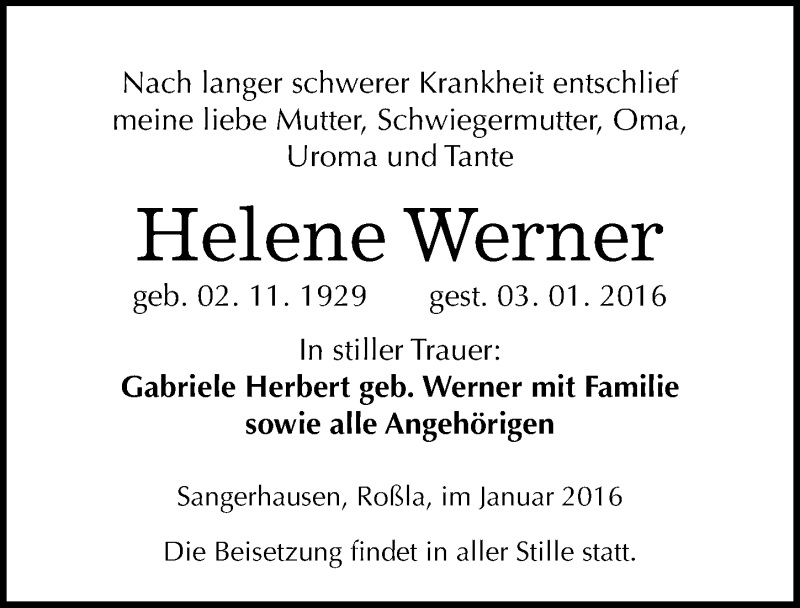  Traueranzeige für Helene Werner vom 09.01.2016 aus Mitteldeutsche Zeitung Sangerhausen