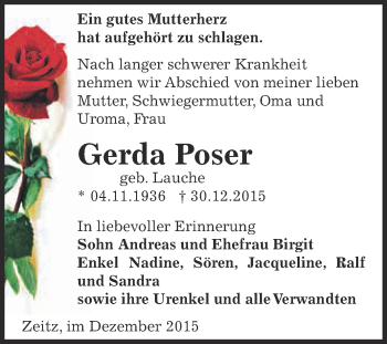 Traueranzeige von Gerda Poser von Super Sonntag Zeitz