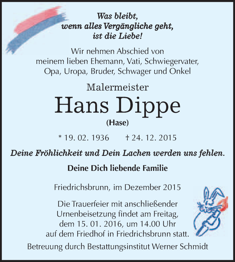  Traueranzeige für Hans Dippe vom 09.01.2016 aus WVG - Wochenspiegel Quedlinburg