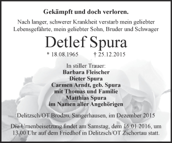 Traueranzeige von Detlef Spura von Super Sonntag SGH Mansf. Land