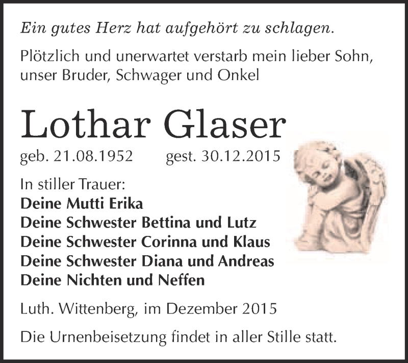  Traueranzeige für Lothar Glaser vom 09.01.2016 aus WVG - Wochenspiegel Wittenberg