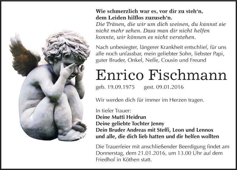  Traueranzeige für Enrico Fischmann vom 16.01.2016 aus Mitteldeutsche Zeitung Köthen
