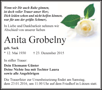Traueranzeige von Anita Grobelny von WVG - Wochenspiegel Merseburg