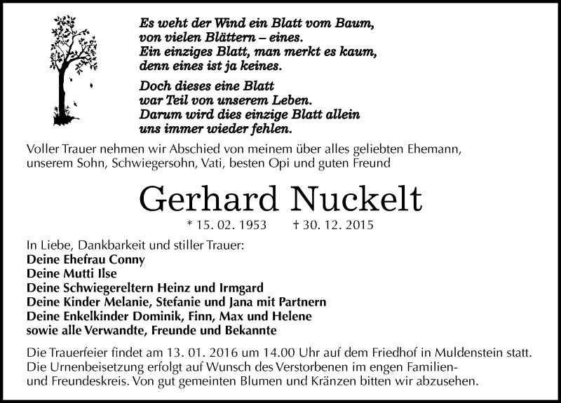 Traueranzeige für Gerhard Nuckelt vom 08.01.2016 aus Mitteldeutsche Zeitung Bitterfeld