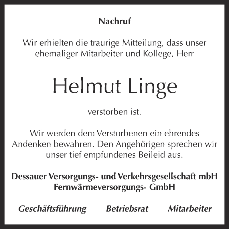  Traueranzeige für Helmut Linge vom 16.01.2016 aus Super Sonntag Dessau / Köthen