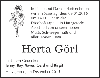 Traueranzeige von Herta Görl von Super Sonntag Quedlinburg