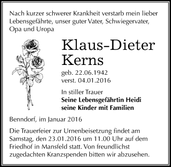 Traueranzeige von Klaus-Dieter Kens von Mitteldeutsche Zeitung Mansfelder Land