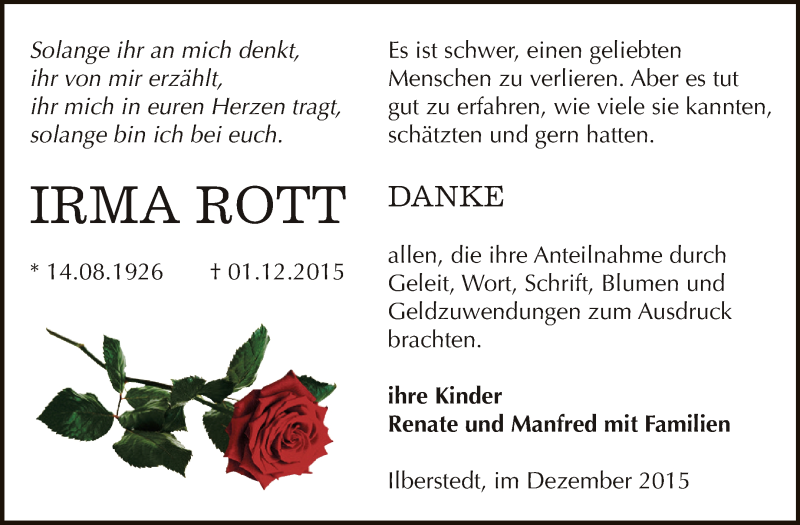  Traueranzeige für Irma Rott vom 09.01.2016 aus Super Sonntag Bernburg