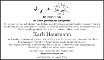 Traueranzeige von Karli Hausmann von Super Sonntag Aschersleben