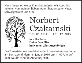 Traueranzeige von Norbert Czakainski von WVG - Wochenspiegel Wittenberg