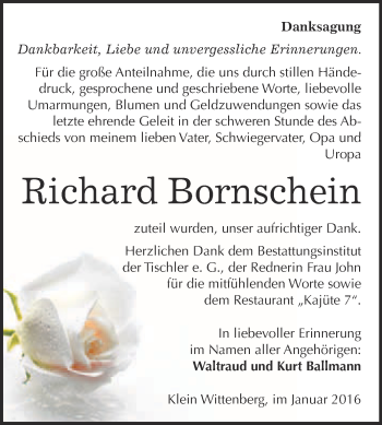 Traueranzeige von Richard Bornschein von Super Sonntag Wittenberg