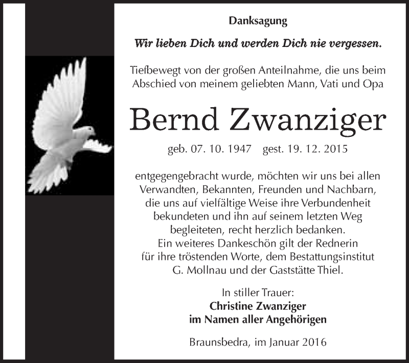  Traueranzeige für Bernd Zwanziger vom 16.01.2016 aus WVG - Wochenspiegel Merseburg