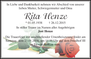 Traueranzeige von Rita Henze von Mitteldeutsche Zeitung Dessau-Roßlau