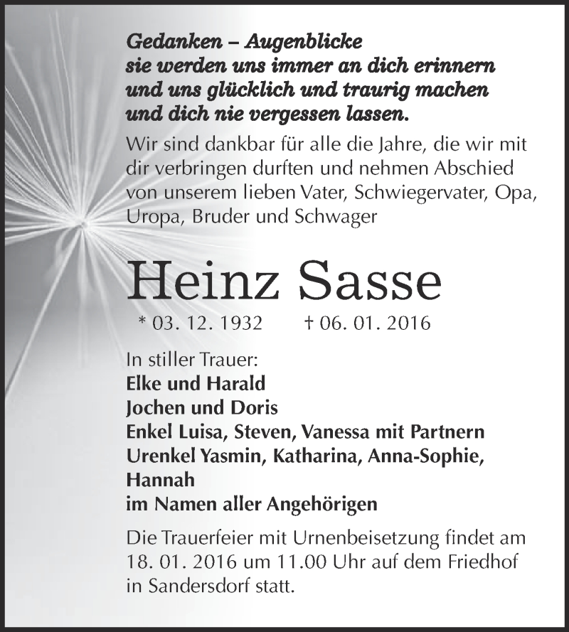  Traueranzeige für Heinz Sasse vom 13.01.2016 aus WVG - Wochenspiegel Bitterfeld
