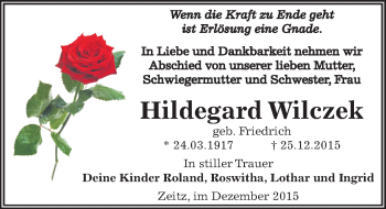 Traueranzeige von Hildegard Wilczek von Mitteldeutsche Zeitung Zeitz