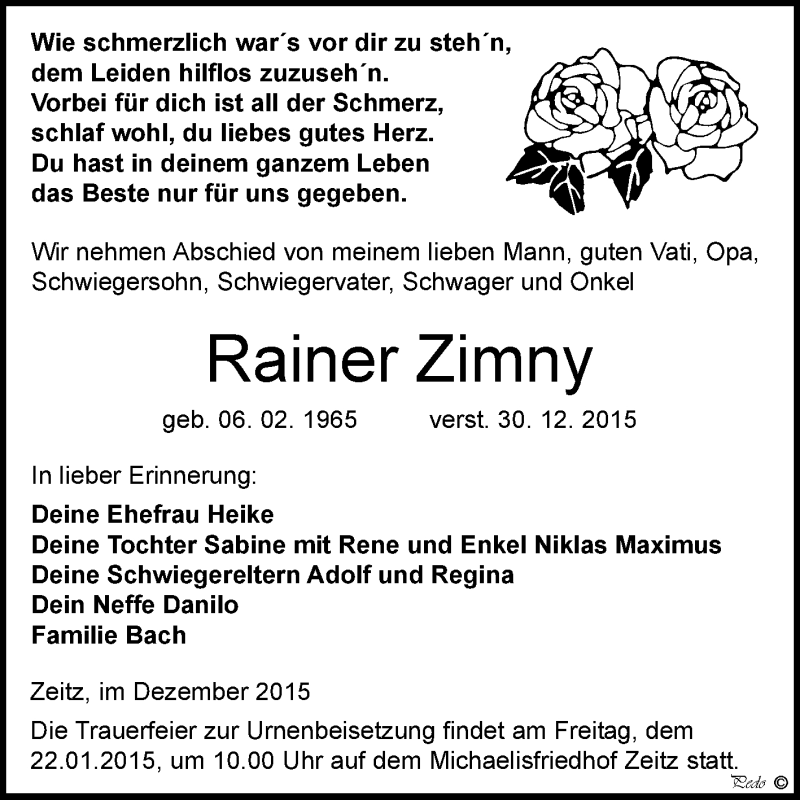  Traueranzeige für Rainer Zimny vom 06.01.2016 aus WVG - Wochenspiegel NMB / WSF / ZTZ