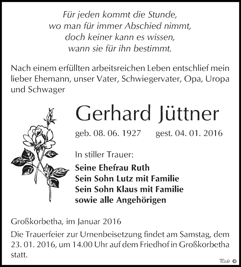  Traueranzeige für Gerhard Jüttner vom 13.01.2016 aus WVG - Wochenspiegel NMB / WSF / ZTZ