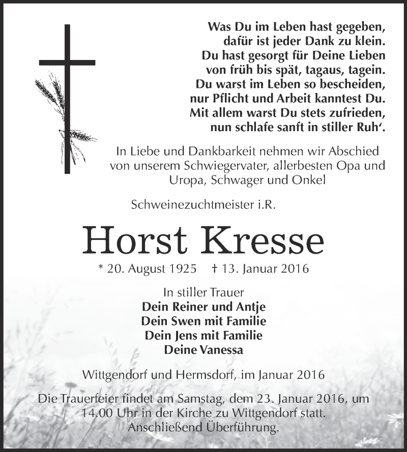  Traueranzeige für Horst Kresse vom 16.01.2016 aus Super Sonntag Zeitz