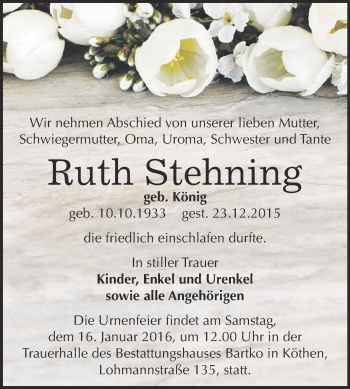 Traueranzeige von Ruth Stehning von WVG - Wochenspiegel Dessau / Köthen